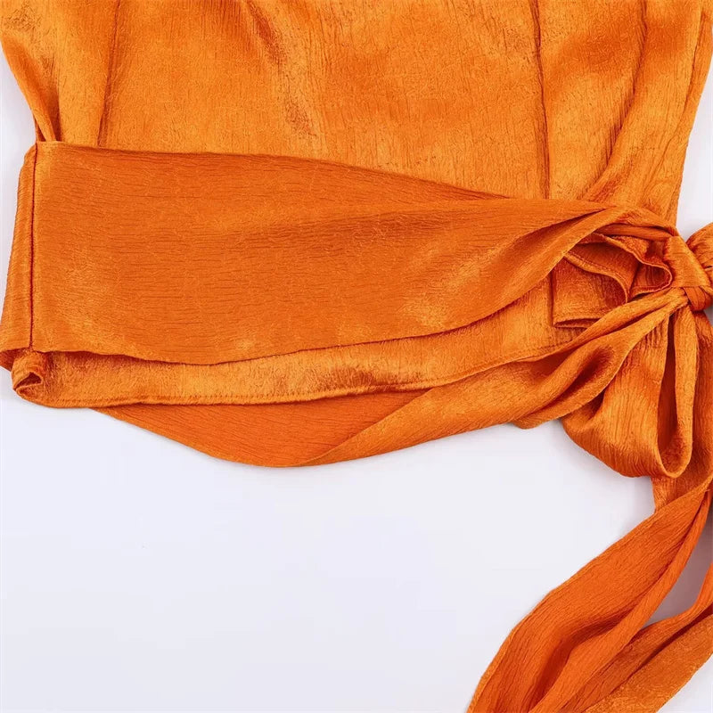 Women's Top 2026 Spring New Style Orange Sleeveless Satin Texture Long Ribbon Top Elegant and Stylish Unique Fashion Focus Quick Pick Grocers
