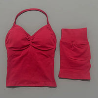 HISTELLO 2 Pieces Sports Set Women Yoga Longline Strap Top Scrunch Seamless Shorts Sport Gym Set Sportswear Workout Fitness Set Quick Pick Grocers