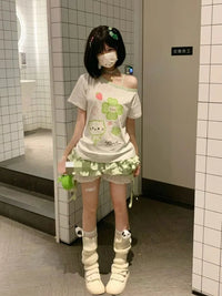 Ezgaga Harajuku T Shirts Women Cartoon Sweet Diagonal Collar Short Sleeve Off Shoulder Funny Tops Female Y2k Ladies Tshirts Quick Pick Grocers