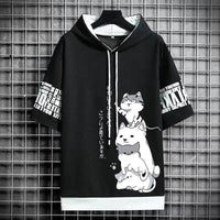 Japan Fashion Men's Hoodies Summer Men Clothing Cartoon Casual Harajuku Streetwear Print Hooded Top Short Sleeve Sweatshirts Men Quick Pick Grocers