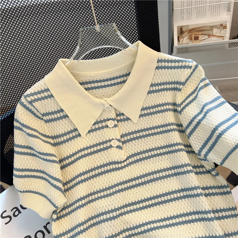 2025 Polo Neck New Womens Knitting T-Shirt Striped Short Sleeve Women T Shirt for Female Slim Tops Woman T Shirts Clothing S145 Quick Pick Grocers