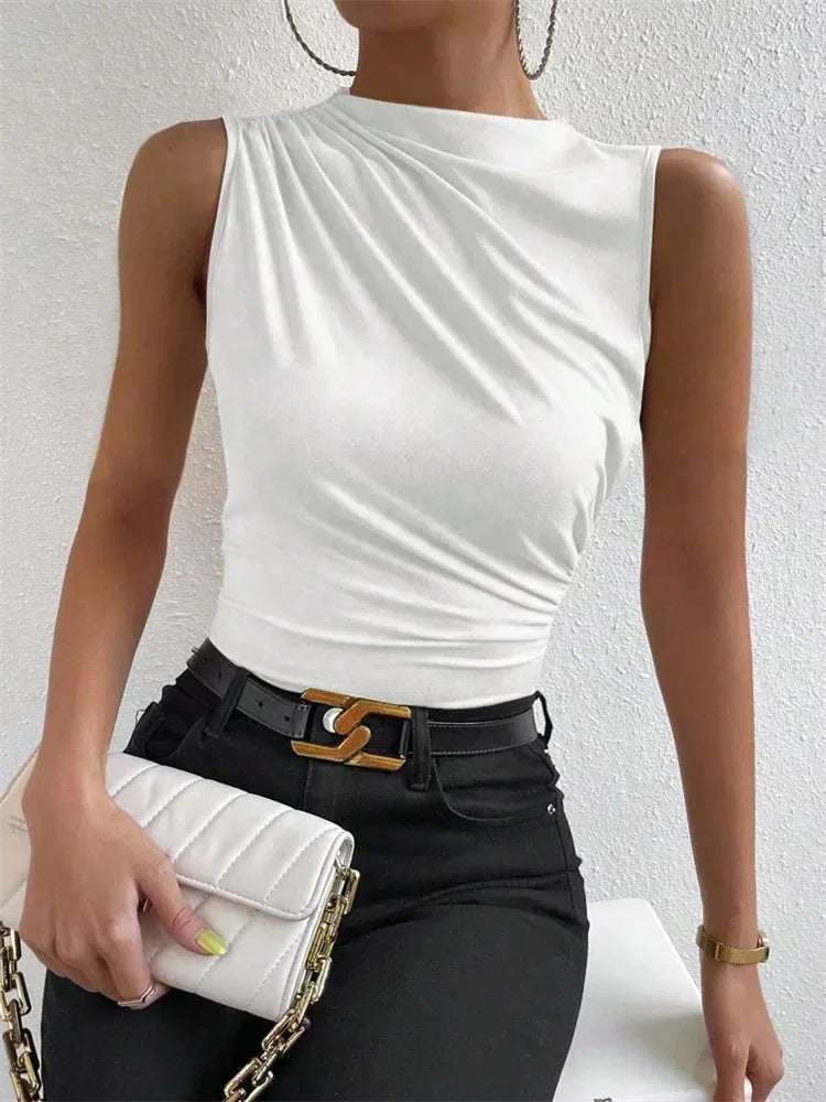 Women's Casual Mock Neck Ruched Tank Top Summer 2024 Solid Color Slim Fit Pleated Sleeveless T Shirt Tee Tshirt Streetwear Quick Pick Grocers
