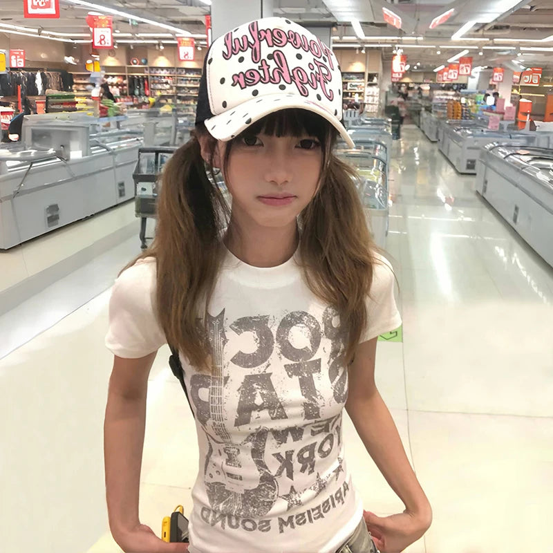 Karrram Japanese Y2k Letter Print T-shirt 2000s Style Short Sleeve Crop Top Vintage Harajuku Ribbed Tee Shirt American Retro 90s Quick Pick Grocers