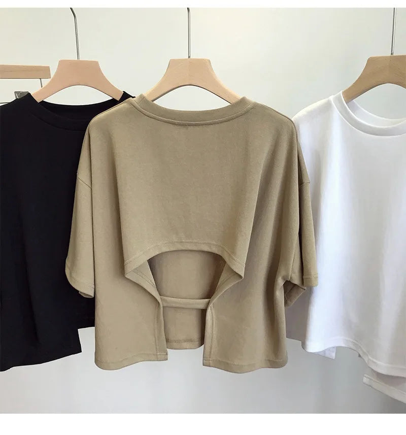 Summer New Ladies Casual Backless T-Shirt 2023 Korean Women Round Neck Loose Sweet Spicy Wind Short-Sleeved Crop Tops Quick Pick Grocers