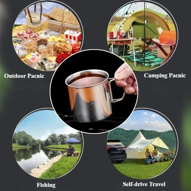 250/350/500/700ml Stainless Steel Camping Cup Portable Outdoor Water Cup Mug With Foldable Handle Kitchen Drinkware Quick Pick Grocers