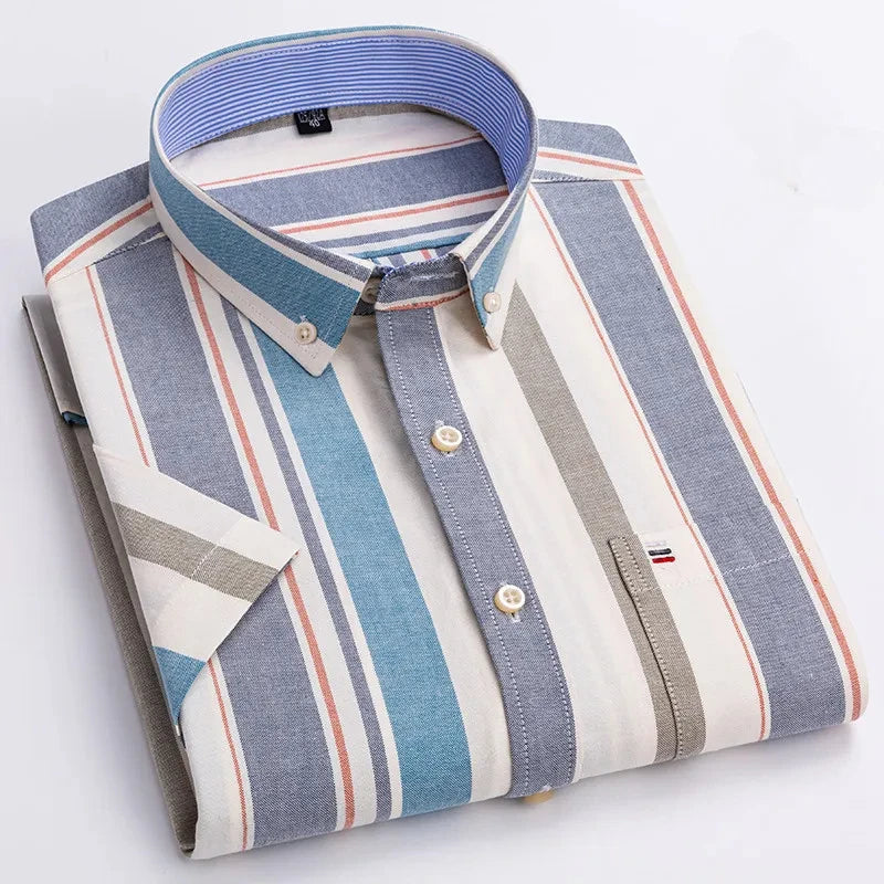 Men's high-quality Oxford cotton short sleeved shirt for summer comfort breathable classic solid color plaid business leisure Quick Pick Grocers