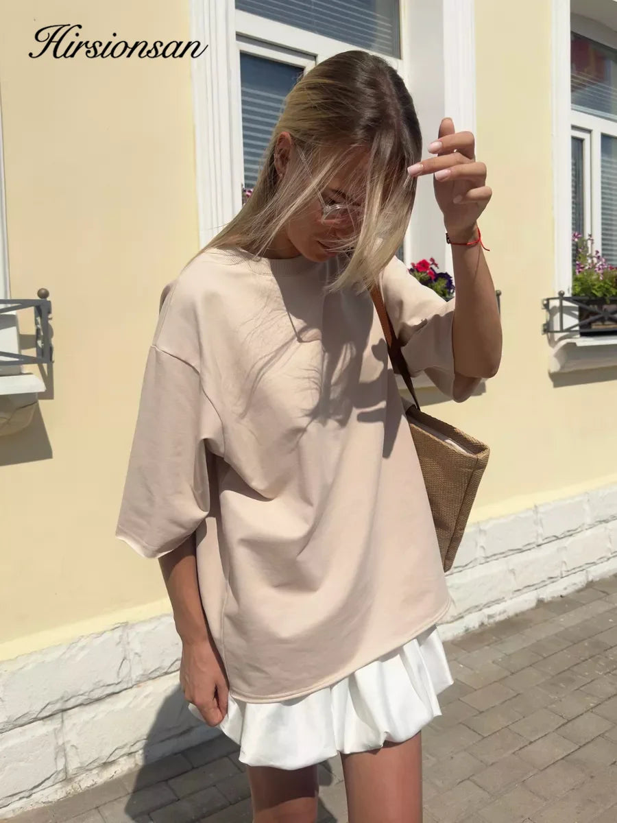 Hirsionsan Summer Casual Oversized T-shirts Women 100% Cotton Pink Loose Tees 2025 New Cusual Solid O Neck Female Aesthetic Tops Quick Pick Grocers