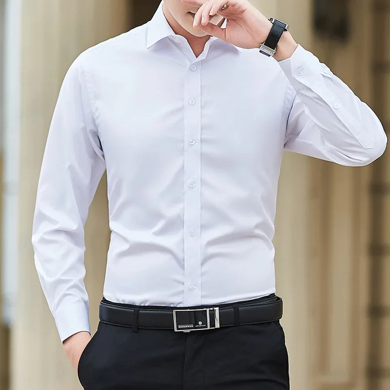 New Plus Size Men Solid Color Business Shirt Fashion Classic Basic Casual Slim White Long Sleeve Shirt Brand Clothes Quick Pick Grocers