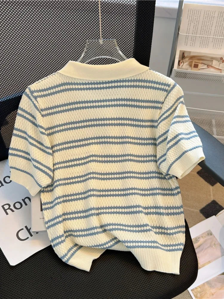 2025 Polo Neck New Womens Knitting T-Shirt Striped Short Sleeve Women T Shirt for Female Slim Tops Woman T Shirts Clothing S145 Quick Pick Grocers