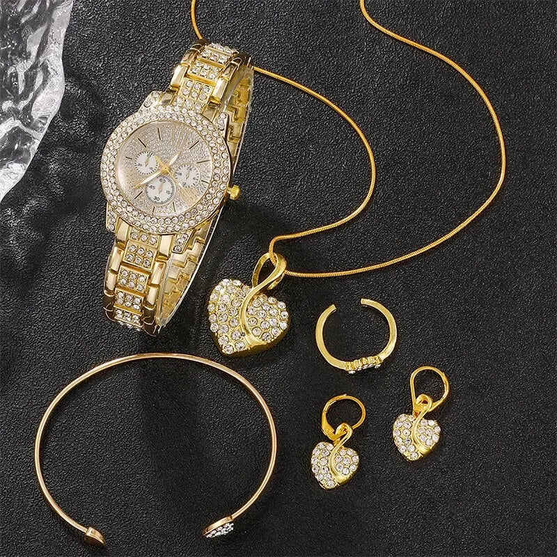 Women's Quartz Watch Gold Luxury Women Ring Necklace Earring Rhinestone Fashion Wristwatch Casual Ladies Watches Jewelry Set Quick Pick Grocers
