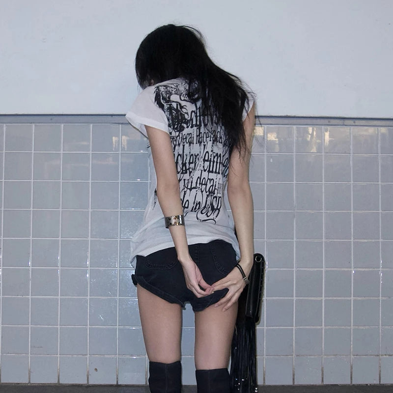 Karrram Japanese Y2k Letter Print T-shirt Trashy 2000s Style Tattoo T Shirt Vintage Harajuku Short Sleeve Sheer Tops Grunge Goth Quick Pick Grocers