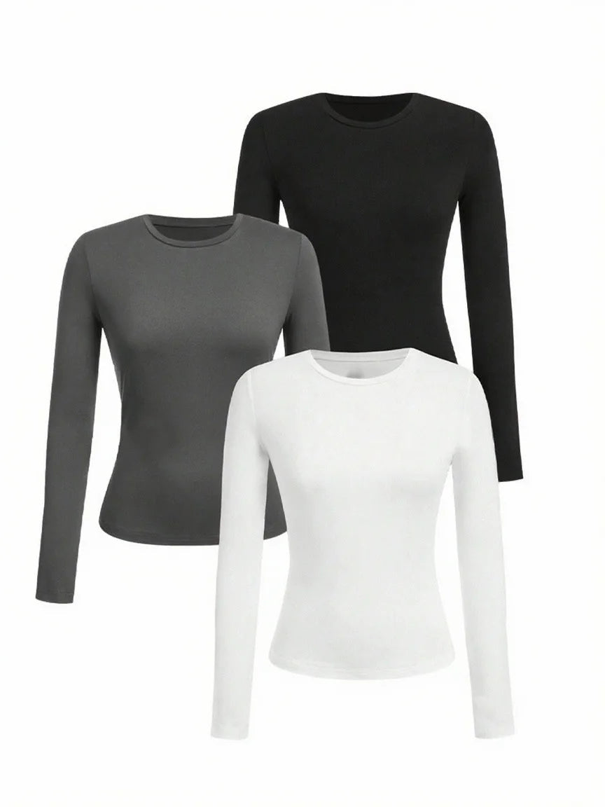 Women's solid-color long-sleeved T-shirt - Polyester knitted fabric, round neck, regular fit, fall-winter style Quick Pick Grocers