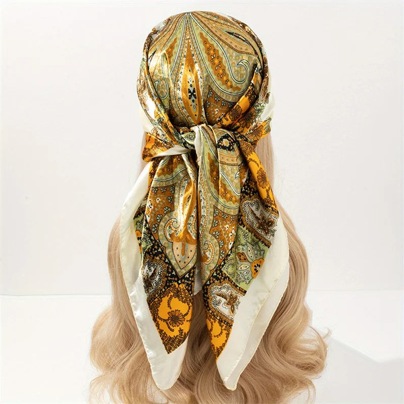 Handkerchiefs Hair Silk Scarf 90*90cm Print Satin Big Square Silk Scarves Shawls for Women Luxury Brand Designer Hijab Headband Quick Pick Grocers