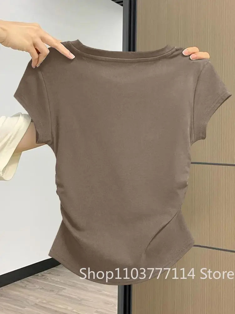 Women Summer Short Sleeved Top for Fashion Versatile Base Shirt Slim Fit Round Neck T-shirt Casual and Sexy Breathable and Cool Quick Pick Grocers