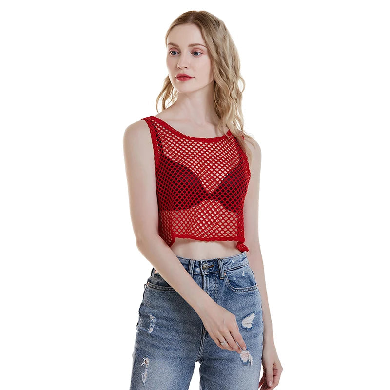 Sexy Black/Red Hollow Out Crop Top 2023 Mesh T-shirt Female Loose Fashion Summer Basic Tops For Women Fishnet Shirt Quick Pick Grocers