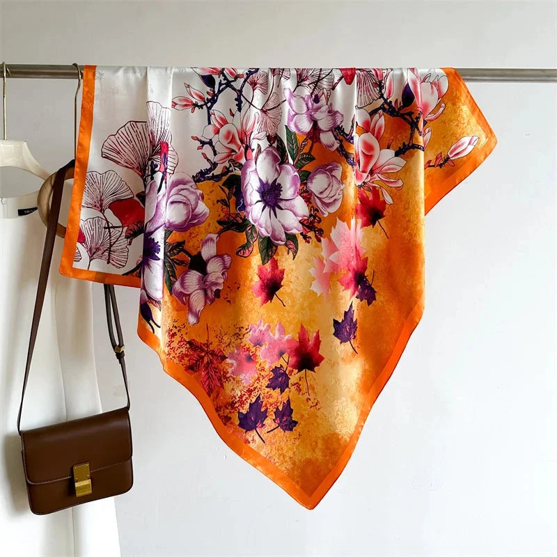 90*90Cm Square Scarf Twill Silk Feeling Women Head Shawls and Wraps Luxury Hair Tree Print Neck Scarves Hijab Bandana Pashmina Econic Blanks