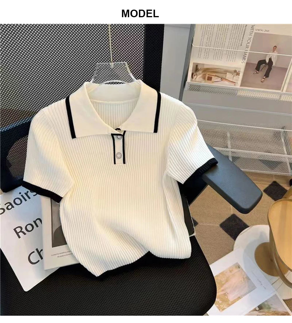 Ice silk knitted short sleeved T-shirt for women's summer 2024 new fashionable and stylish polo shirt top Quick Pick Grocers