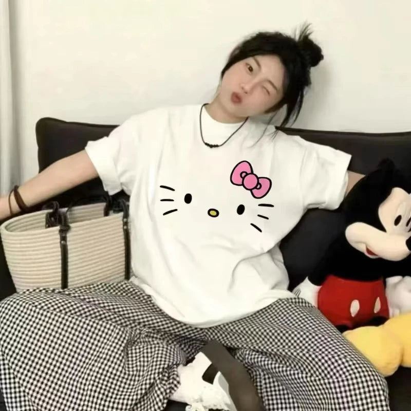 Hello Kitty Cartoon 2025 Simple Loose Cute Round Neck Casual Trend Summer Cotton Short Sleeved T-shirt Fashion Y2K Top T-shirt Quick Pick Grocers