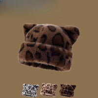 Leopard print plush teddy bear hat for women, sweet and cute, thick and warm, retro and versatile, hooded beanie. Purest Peak