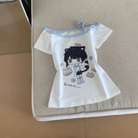 Japanese Y2K Print Skew Collar T-Shirts Summer Off Shoulder Short Sleeve Tee Shirt New Loose All-Match Top for Women Quick Pick Grocers
