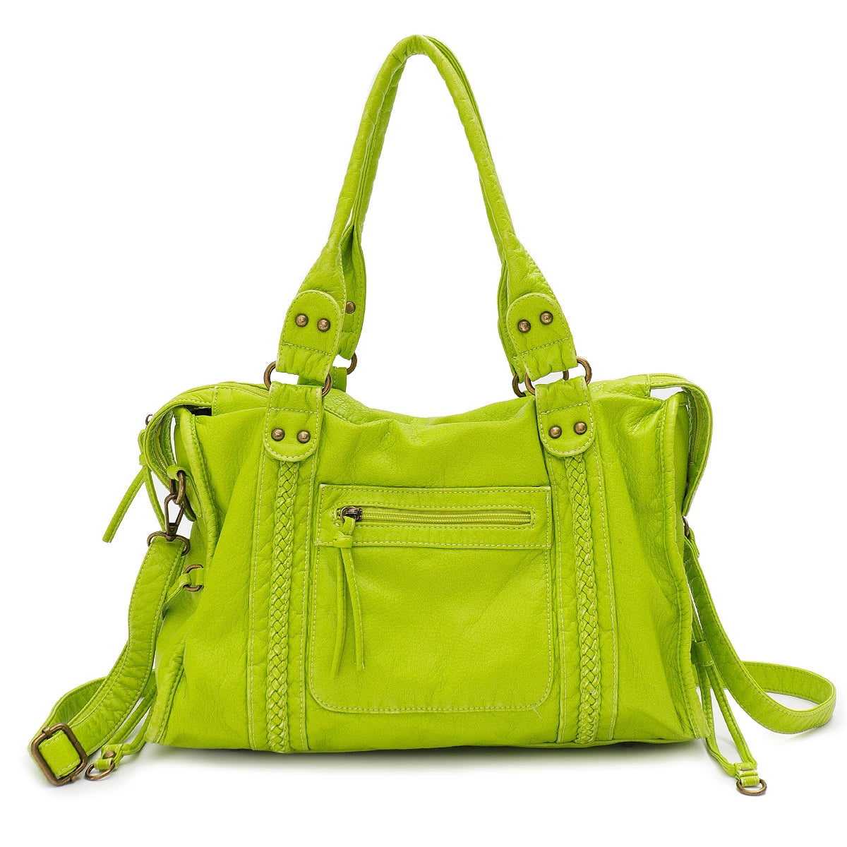 Vintage Washed PU Leather Large Capacity Tote Zip Pockets Braid Decor Shoulder Cross body Bag Unisex Women Daily Travel Handbag Quick Pick Grocers