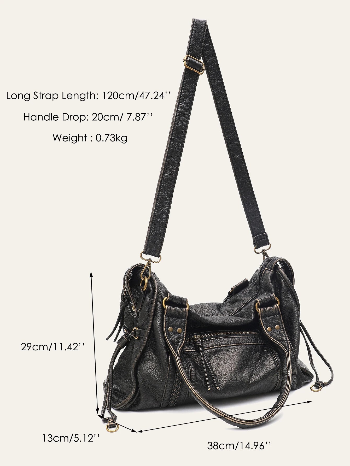 Vintage Washed PU Leather Large Capacity Tote Zip Pockets Braid Decor Shoulder Cross body Bag Unisex Women Daily Travel Handbag Quick Pick Grocers