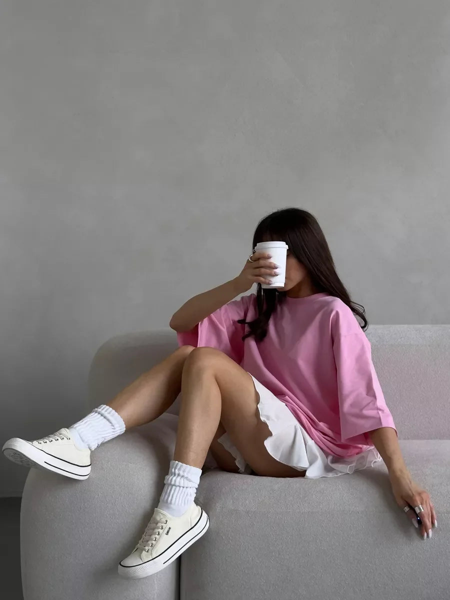 Hirsionsan Summer Casual Oversized T-shirts Women 100% Cotton Pink Loose Tees 2025 New Cusual Solid O Neck Female Aesthetic Tops Quick Pick Grocers