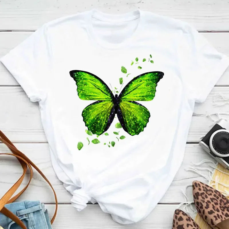 New Fashion Women T-shirt Colorful Butterfly Petal Print Short Sleeve and Round Neck Cute Graphic Tee Shirts Female Tops Clothin Quick Pick Grocers