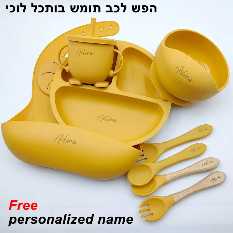 Baby Feeding Plate Sets Suction Bowl Silicone Plate For Kids 6Pcs Children Tableware Personalized Name Dinner Dishes Cups Spoon Purest Peak