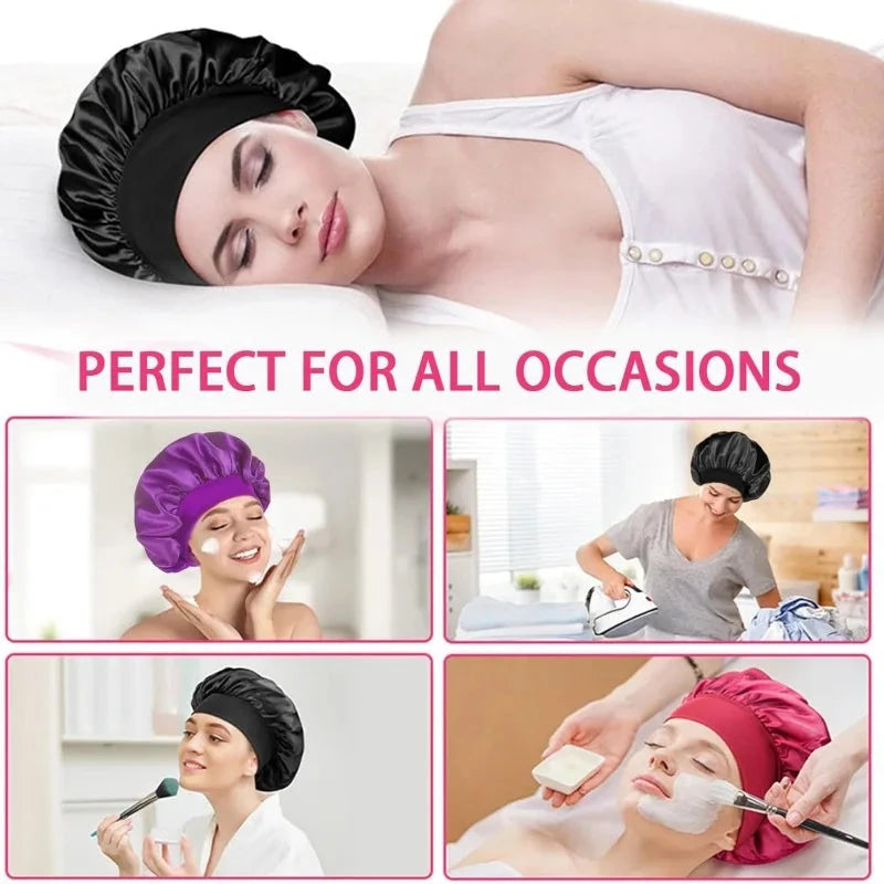 1PC Women's Satin Solid Bonnets Wide-brimmed Night Sleeping Bathing Hat Unisex Head Wrap Elastic Band Cap Hair Care Bonnet. Econic Blanks