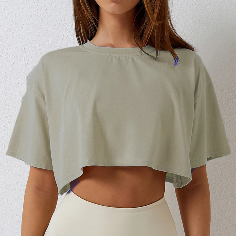 Cotton Women Short Sleeve Dance Running Clothes Yoga Fitness Crop Top  Navel Baring New Sport T-shirt Loose Gym Workout Shirts Quick Pick Grocers