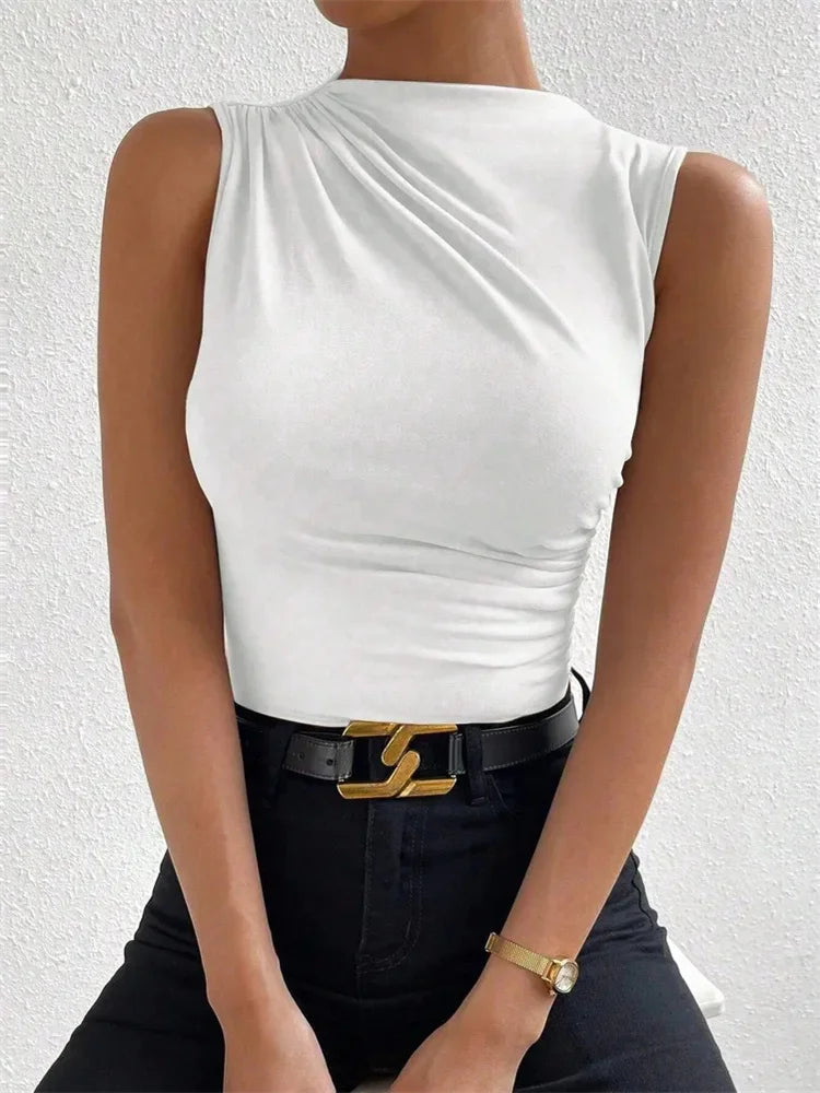 Women's Casual Mock Neck Ruched Tank Top Summer 2024 Solid Color Slim Fit Pleated Sleeveless T Shirt Tee Tshirt Streetwear Quick Pick Grocers
