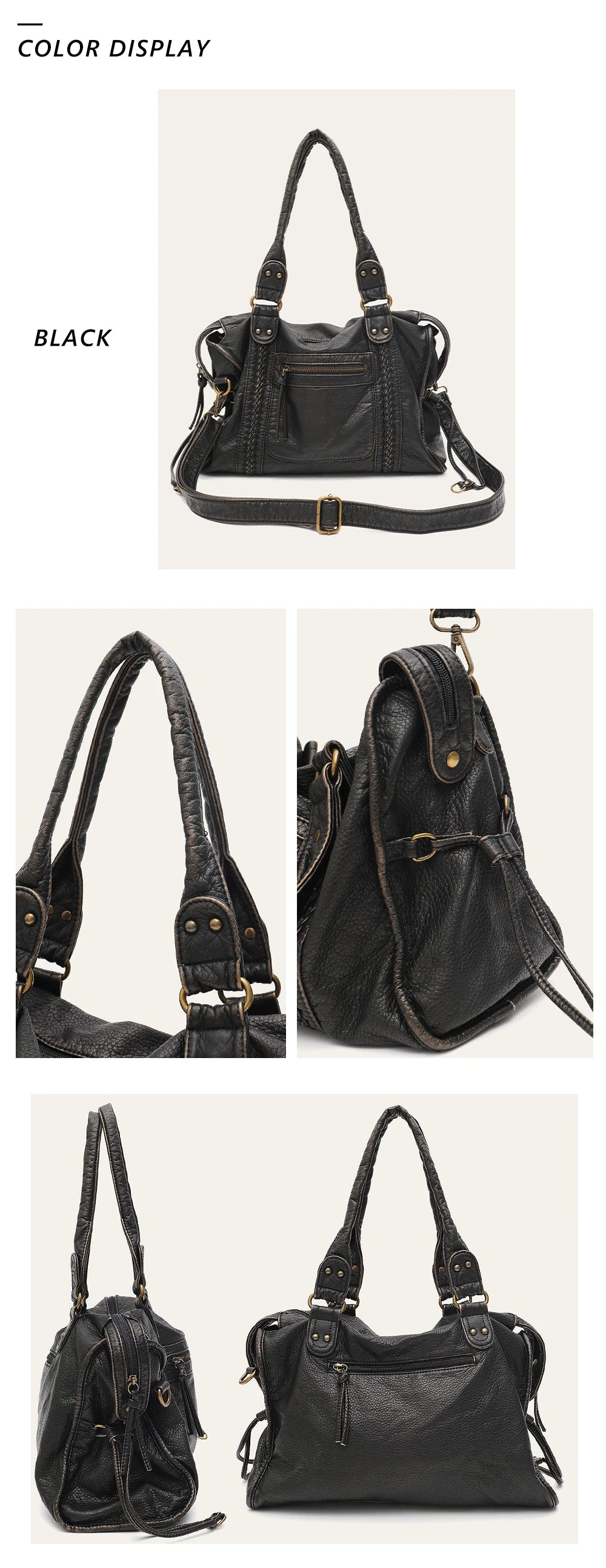 Vintage Washed PU Leather Large Capacity Tote Zip Pockets Braid Decor Shoulder Cross body Bag Unisex Women Daily Travel Handbag Quick Pick Grocers