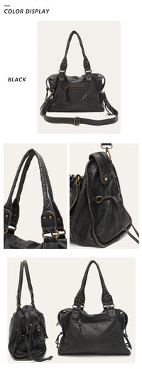 Vintage Washed PU Leather Large Capacity Tote Zip Pockets Braid Decor Shoulder Cross body Bag Unisex Women Daily Travel Handbag Quick Pick Grocers