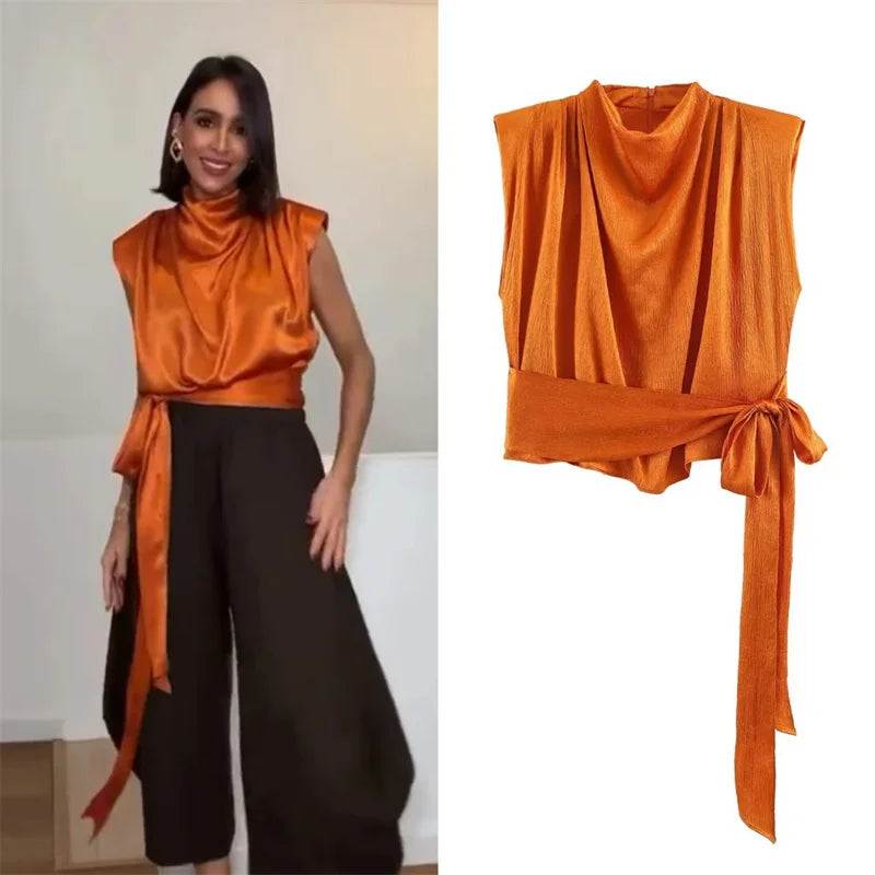 Women's Top 2026 Spring New Style Orange Sleeveless Satin Texture Long Ribbon Top Elegant and Stylish Unique Fashion Focus Quick Pick Grocers