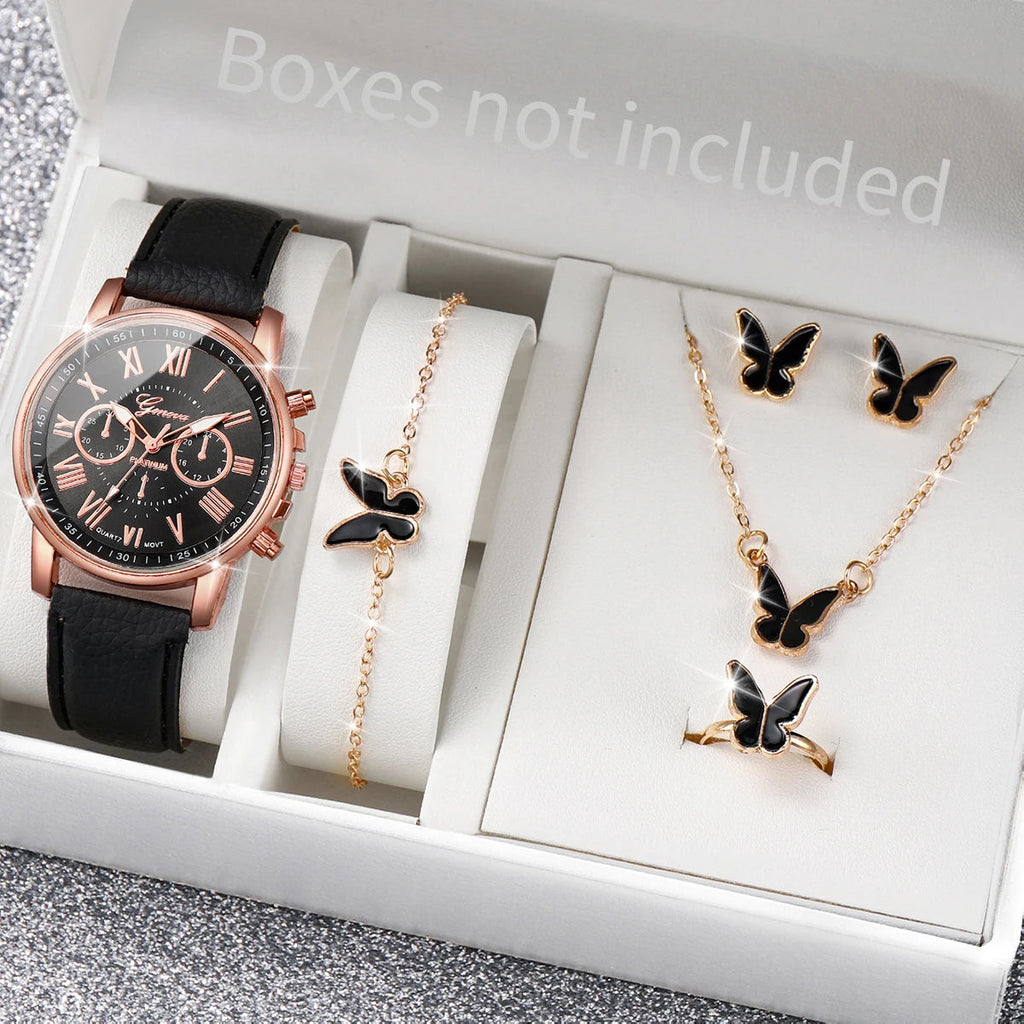 5/6PCS Fashion Women's Quartz Watch Leather Band Analog Wrist Watches Heart Rhinestone Jewelry Set(Without Box) Quick Pick Grocers