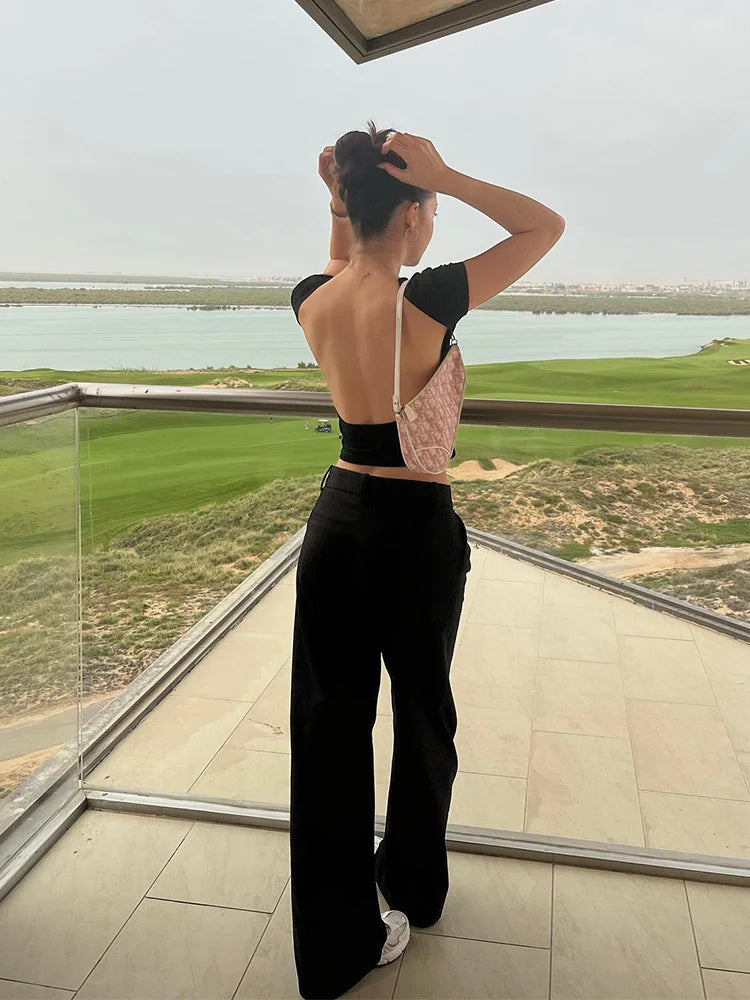 Women's O-neck Backless T-shirt Short Sleeve Solid Color Crop Top Summer Cute Baby Tee Y2K Clothes Bodycon Tunics Fashion Tank Quick Pick Grocers