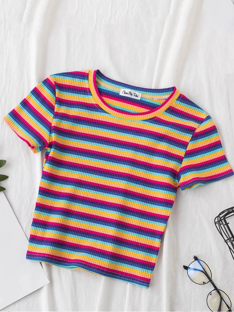 New T Shirt Women Rainbow Striped Tops Slim Fit t shirt Harajuku Tshirt Summer Short Sleeve Korean T-shirt feminina Clothes Tops Quick Pick Grocers