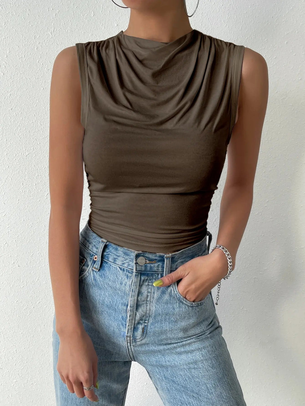Women's Casual Pleated Design Top Summer Fashion Street Style Solid Color Slim Half High Neck Sleeveless T-Shirt Top Quick Pick Grocers