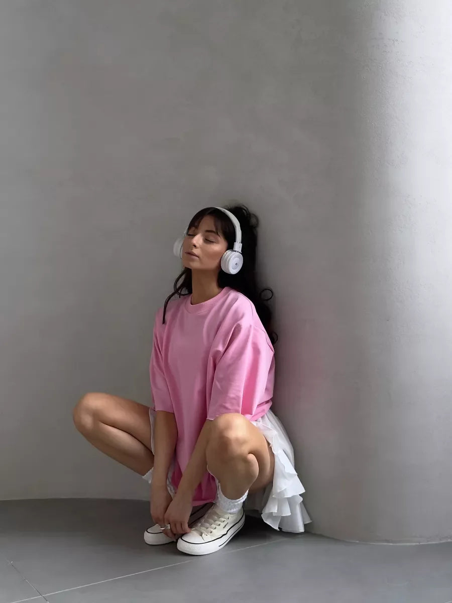Hirsionsan Summer Casual Oversized T-shirts Women 100% Cotton Pink Loose Tees 2025 New Cusual Solid O Neck Female Aesthetic Tops Quick Pick Grocers